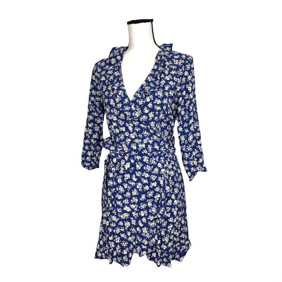 Sezane Dress Asianne Cara Antique Floral Wrap Mini Navy Blue Ruffle French 38 - Picture 13 of 13